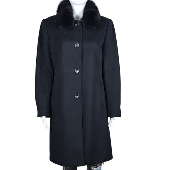 Preston & York Wool Cashmere Knee Length Black Coat w Genuine Fox Fur Collar - Picture 2 of 16